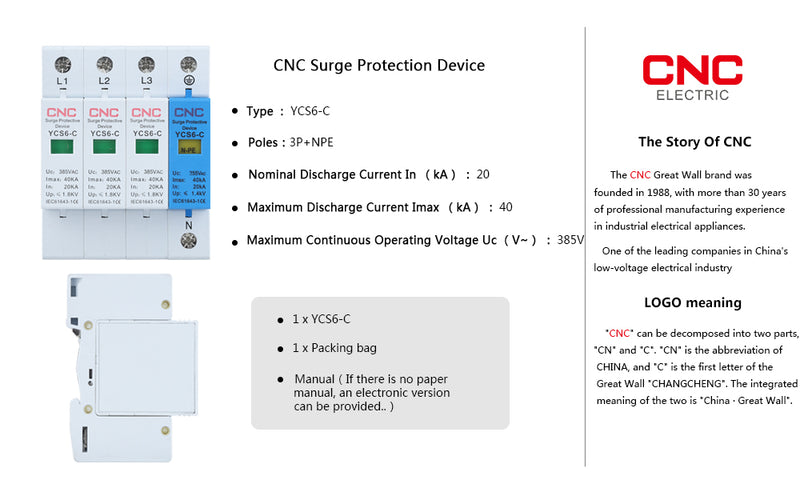 CNC YCS6-C AC 3P+NPE 20KA-40KA 385V SPD Protective Low-voltage Arrester Device