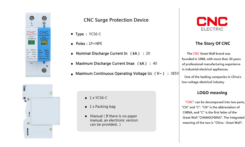 CNC YCS6-C 1P+NPE 20-40kA AC House Surge Protector SPD